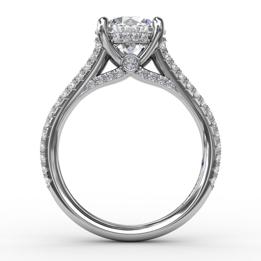 Classic Hidden Halo Round Diamond Solitaire Engagement Ring With Split-Diamond Shank