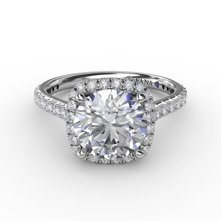 Cushion-Shaped Halo Diamond Engagement Ring with Diamond Band