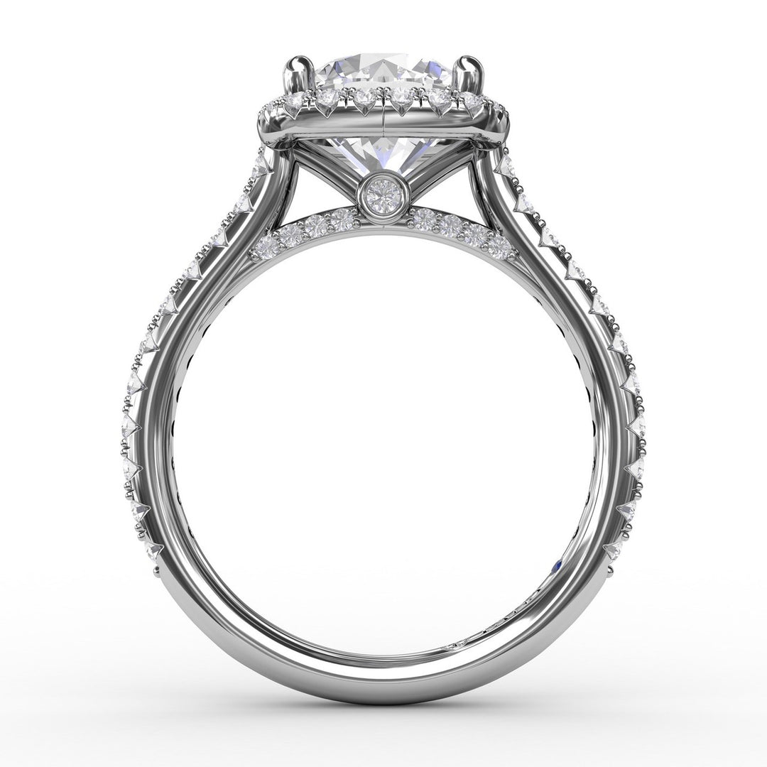 Cushion-Shaped Halo Diamond Engagement Ring with Diamond Band