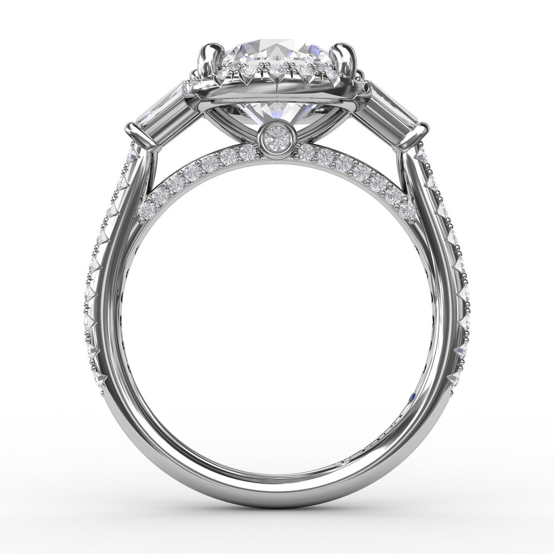 Vintage Round Diamond Halo Engagement Ring With Tapered Baguettes