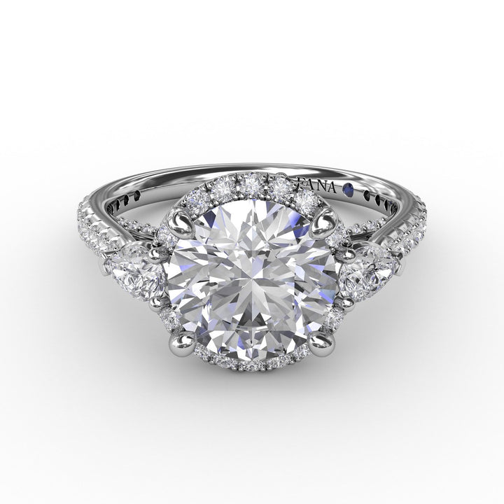 Round Diamond Halo Engagement Ring With Pear-Shape Side Stones