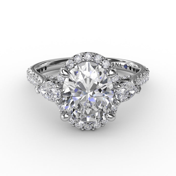 Oval Diamond Halo Engagement Ring With Pear-Shape Diamond Side Stones