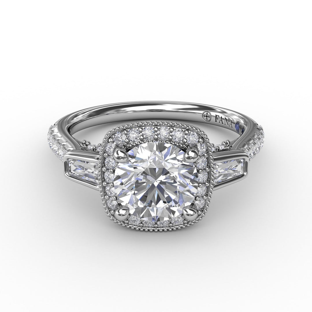 Three-Stone Diamond Halo Engagement Ring With Baguette Side Stones