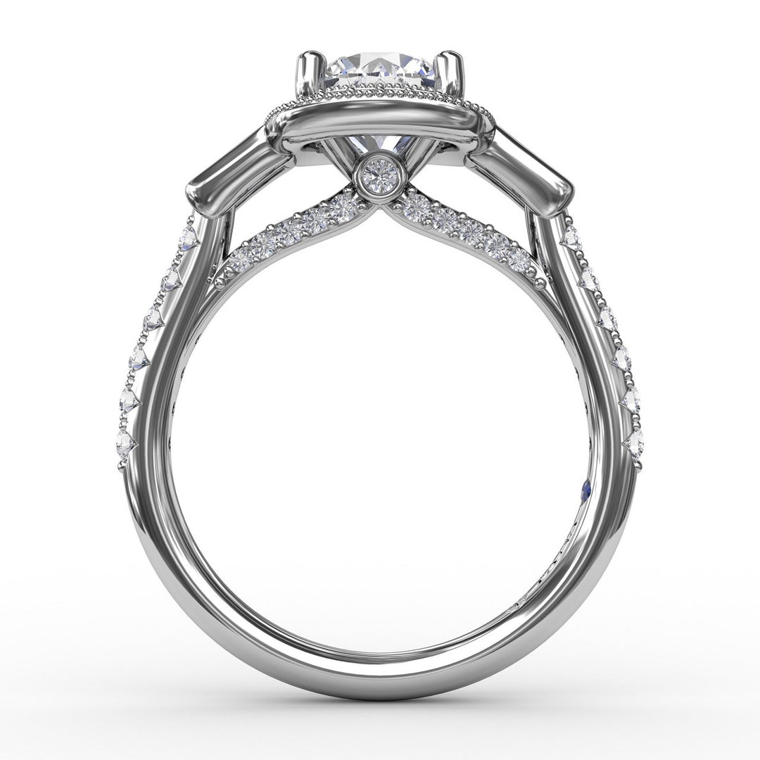 Three-Stone Diamond Halo Engagement Ring With Baguette Side Stones