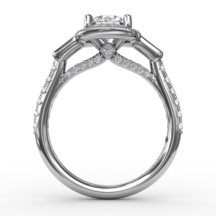 Three-Stone Diamond Halo Engagement Ring With Baguette Side Stones