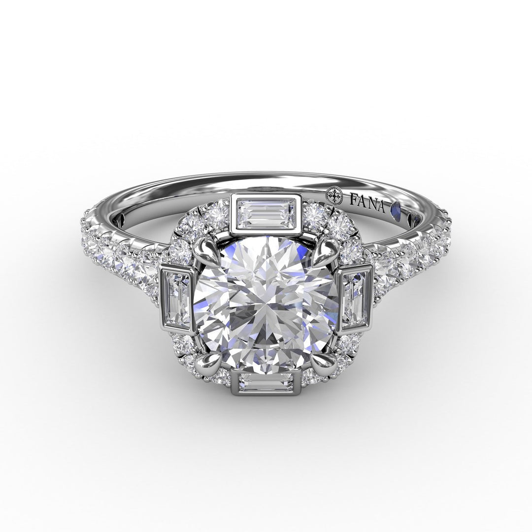 Cushion Shaped Diamond Halo Engagement Ring With Baguettes