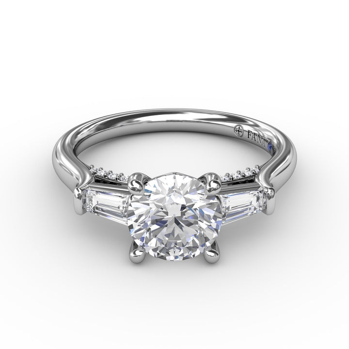 Three-Stone Round Diamond Engagement Ring With Bezel-Set Baguettes