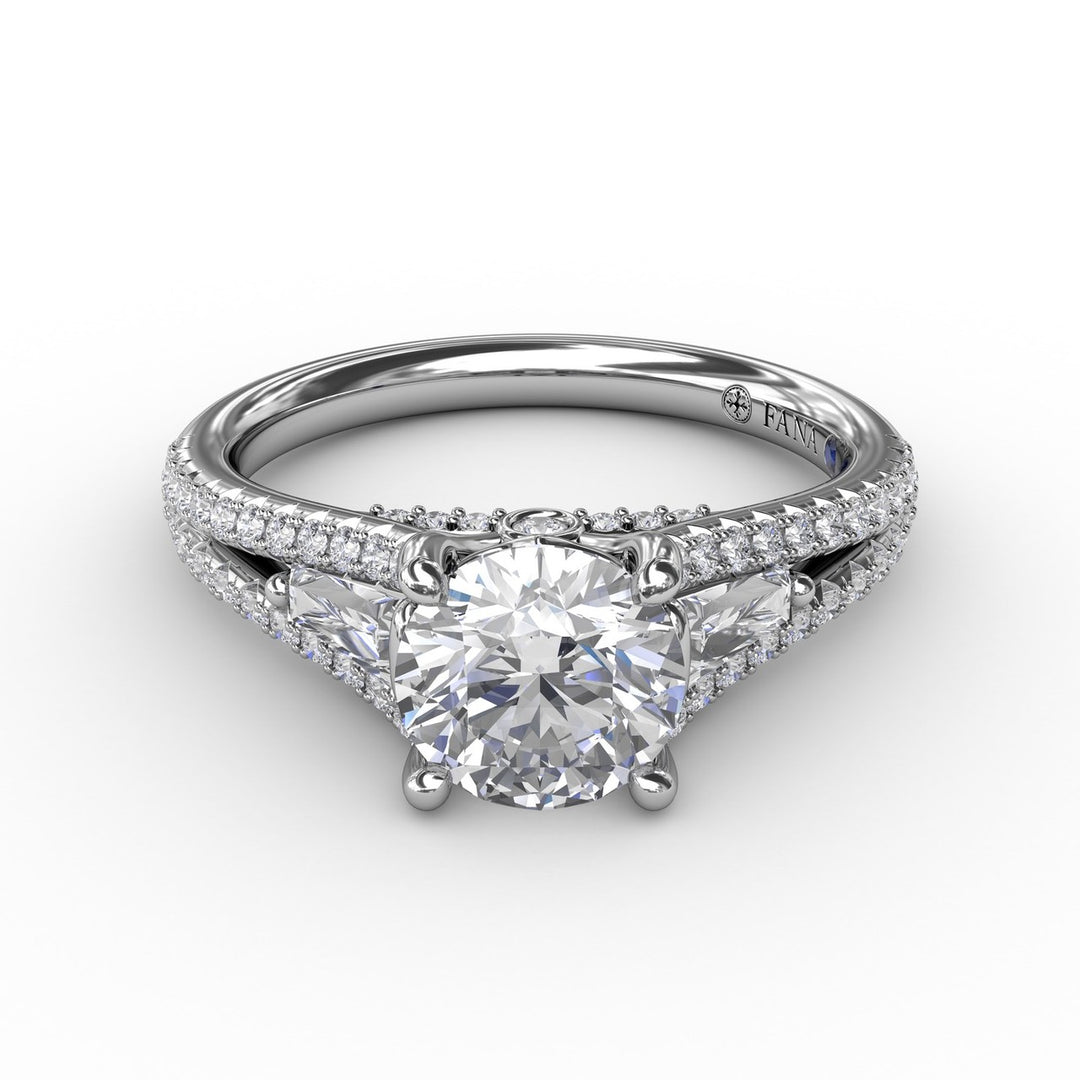 Three-Stone Round Diamond Engagement Ring With Split Diamond Shank and Baguette Side Stones