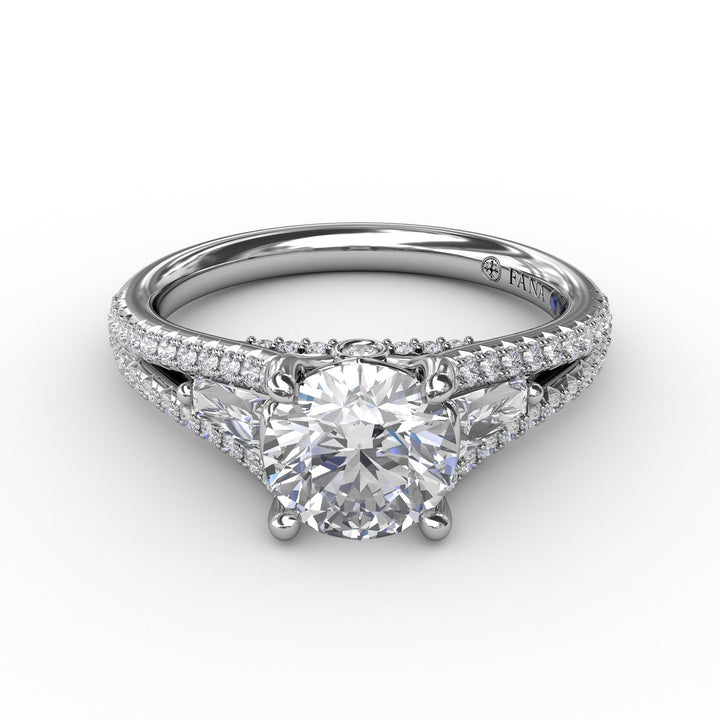 Three-Stone Round Diamond Engagement Ring With Split Diamond Shank and Baguette Side Stones