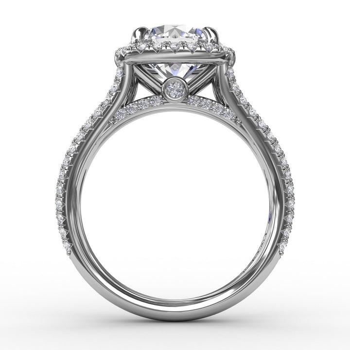 Round Diamond Engagement Ring With Cushion-Shaped Halo and Triple-Row Diamond Band