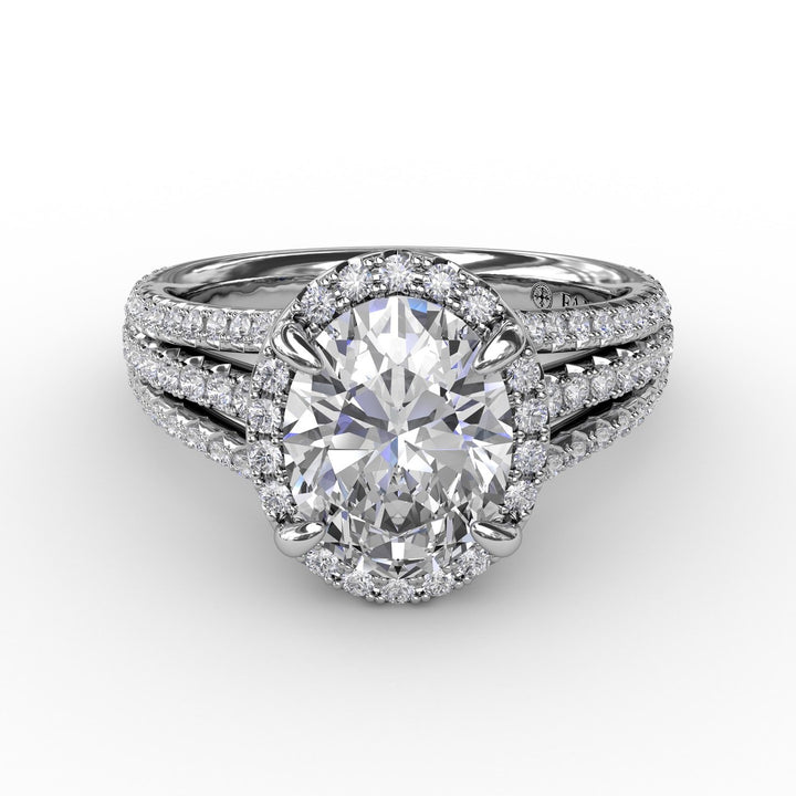 Oval Diamond Halo Engagement Ring With Triple-Row Diamond Band