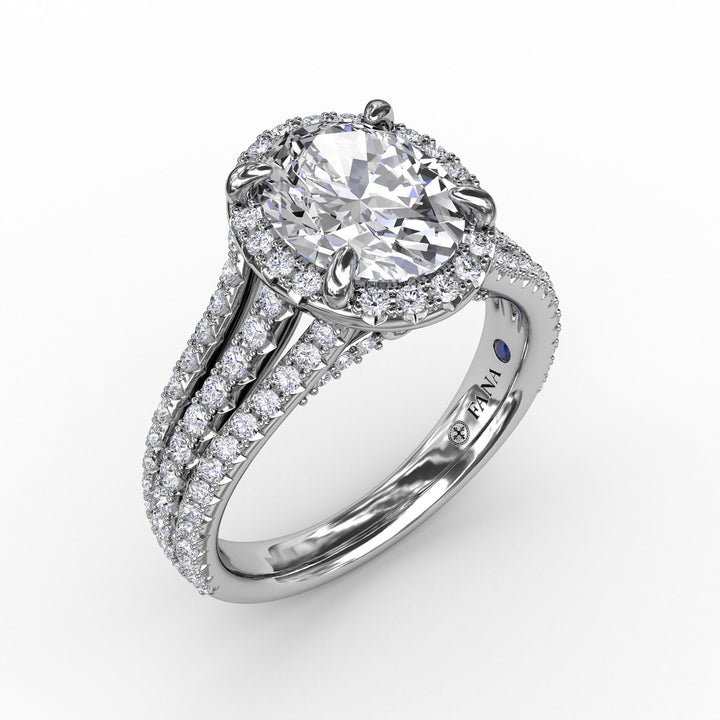 Oval Diamond Halo Engagement Ring With Triple-Row Diamond Band