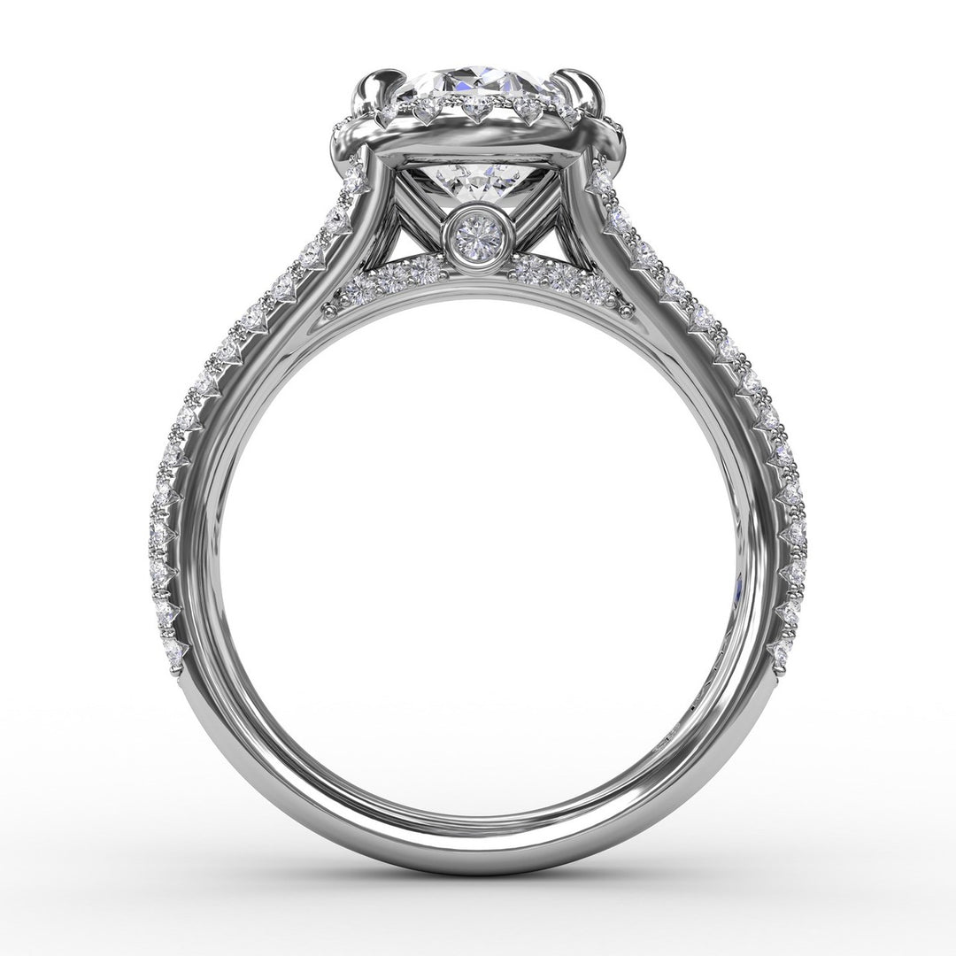 Oval Diamond Halo Engagement Ring With Triple-Row Diamond Band