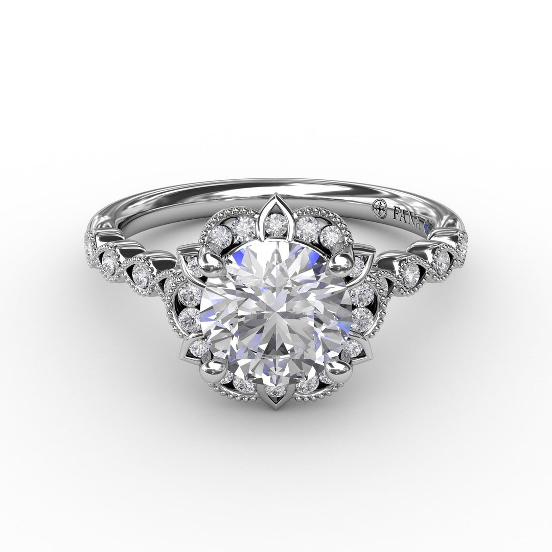 Round Diamond Engagement With Floral Halo and Milgrain Details