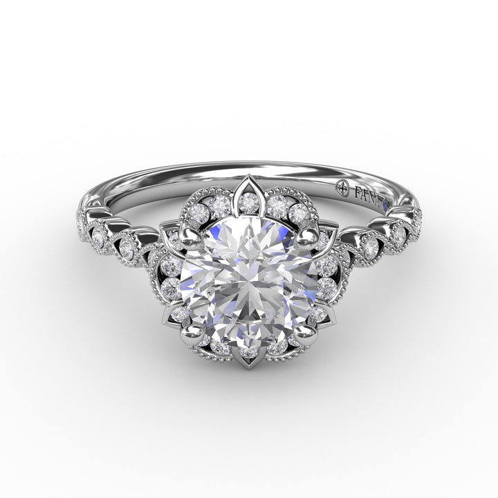 Round Diamond Engagement With Floral Halo and Milgrain Details