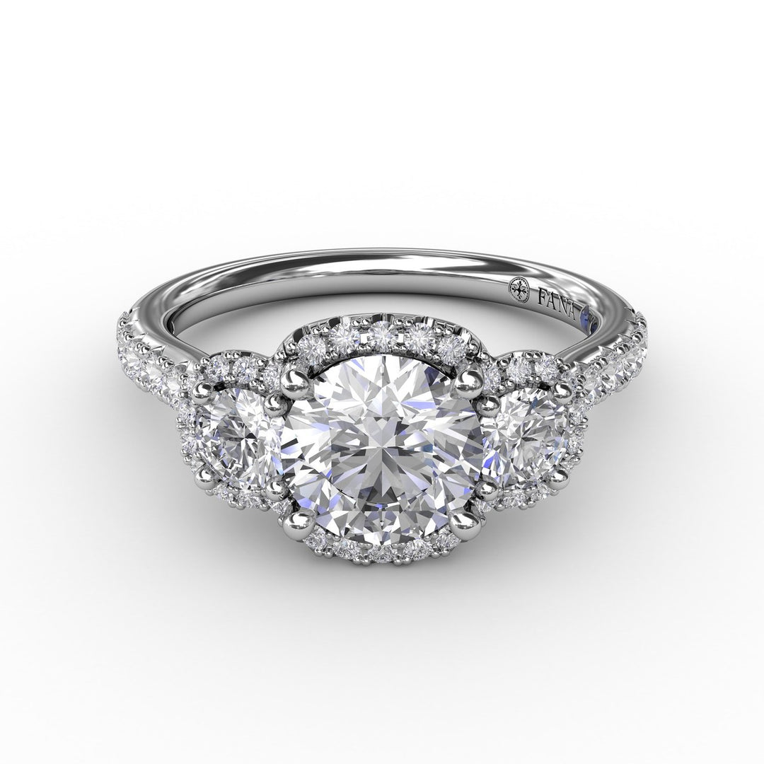 Three-Stone Round Diamond Halo Engagement Ring