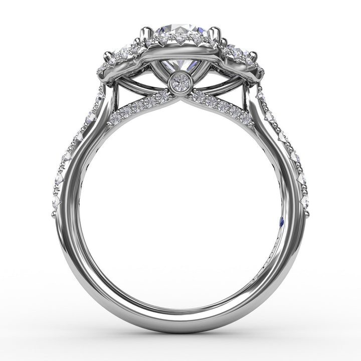 Three-Stone Round Diamond Halo Engagement Ring