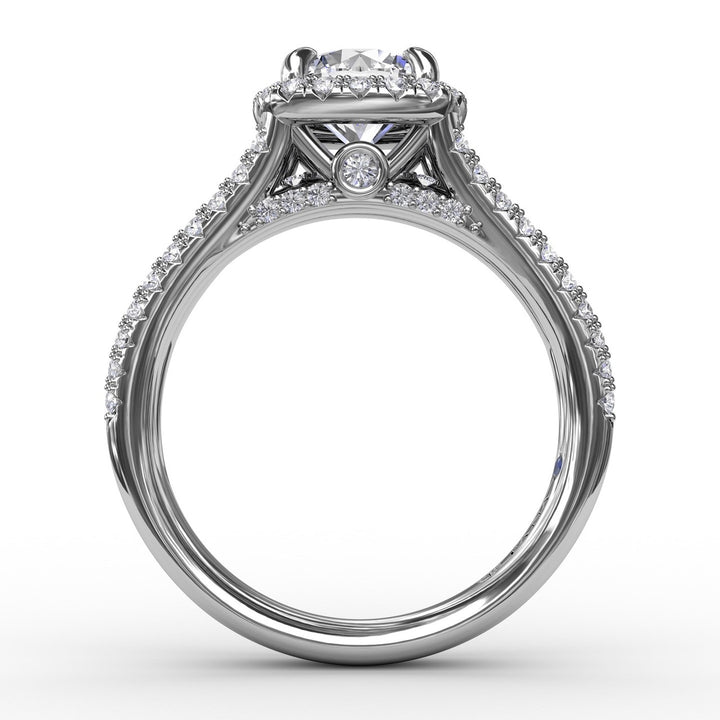 Cushion-Shaped Diamond Halo Engagement Ring With Triple-Row Diamond Band