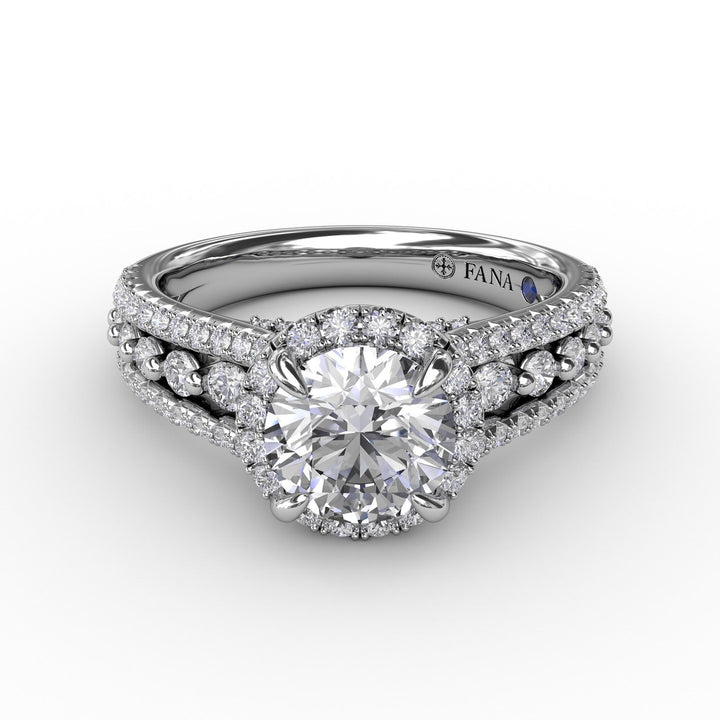 Classic Round Diamond Halo Engagement Ring With Triple-Row Diamond Band