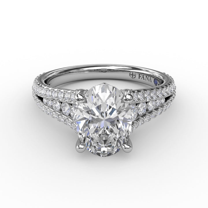 Oval Diamond Solitaire Engagement Ring With Triple-Row Tapered Diamond Band