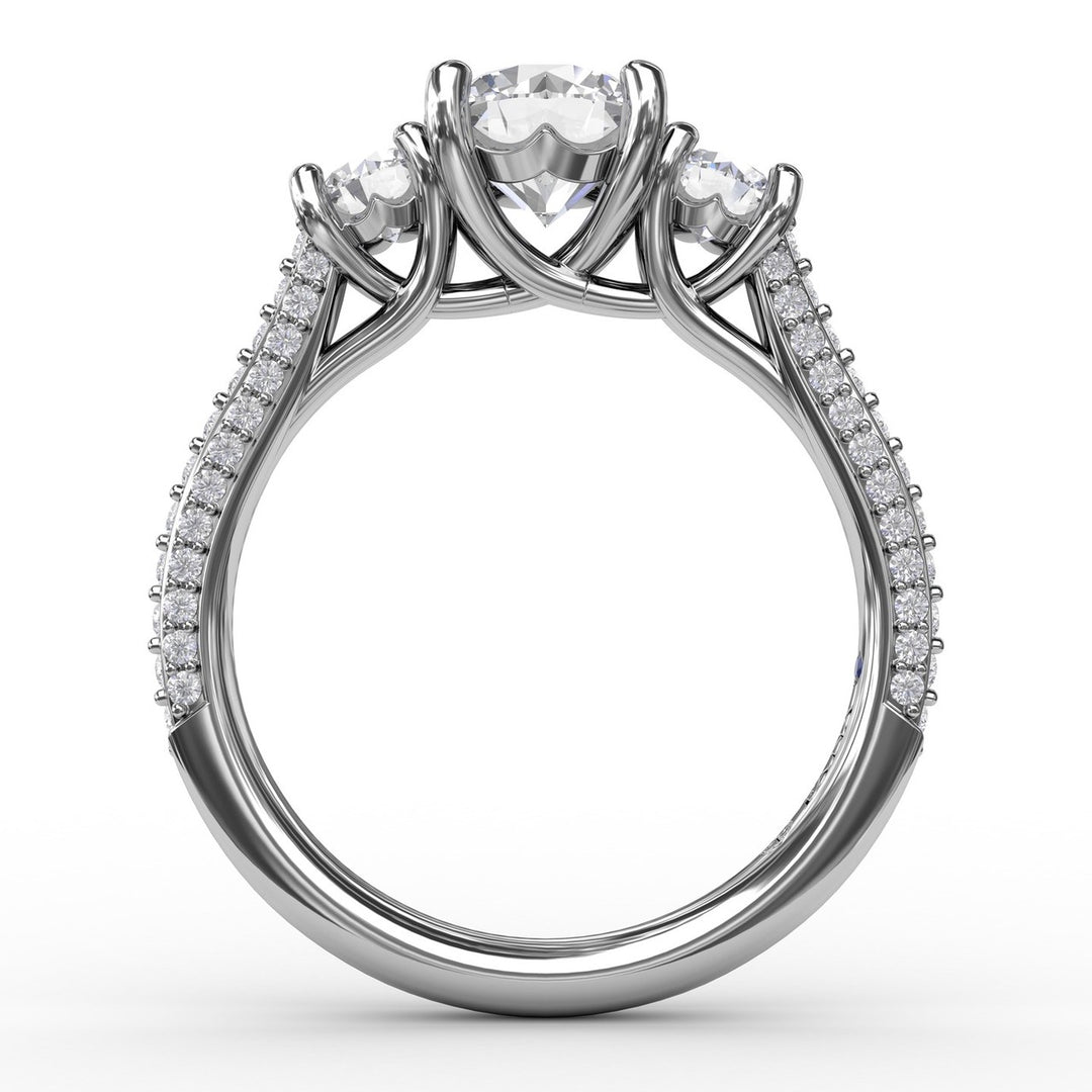 Classic Three-Stone Round Diamond Engagement Ring With Pavé Band