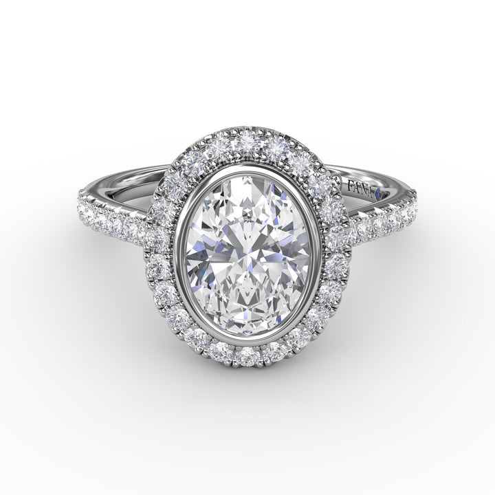 Classic Oval Diamond Halo Engagement Ring With Diamond Band