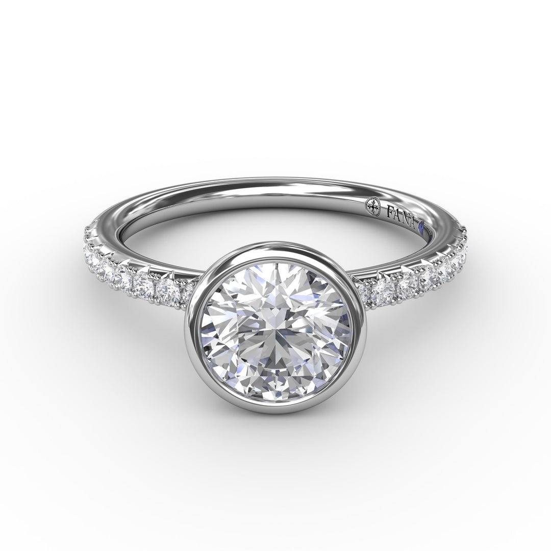 Contemporary Bezel-Set Round Diamond Solitaire Engagement Ring With Diamond Band