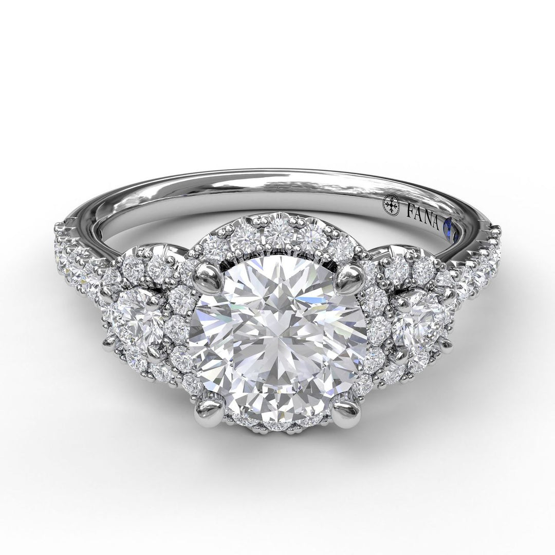 Three Stone Halo Engagement Ring