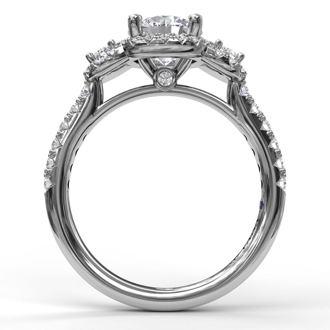 Three Stone Halo Engagement Ring