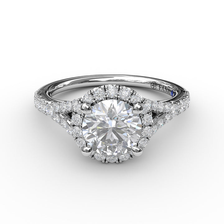 Classic Diamond Halo Engagement Ring with a Subtle Split Band