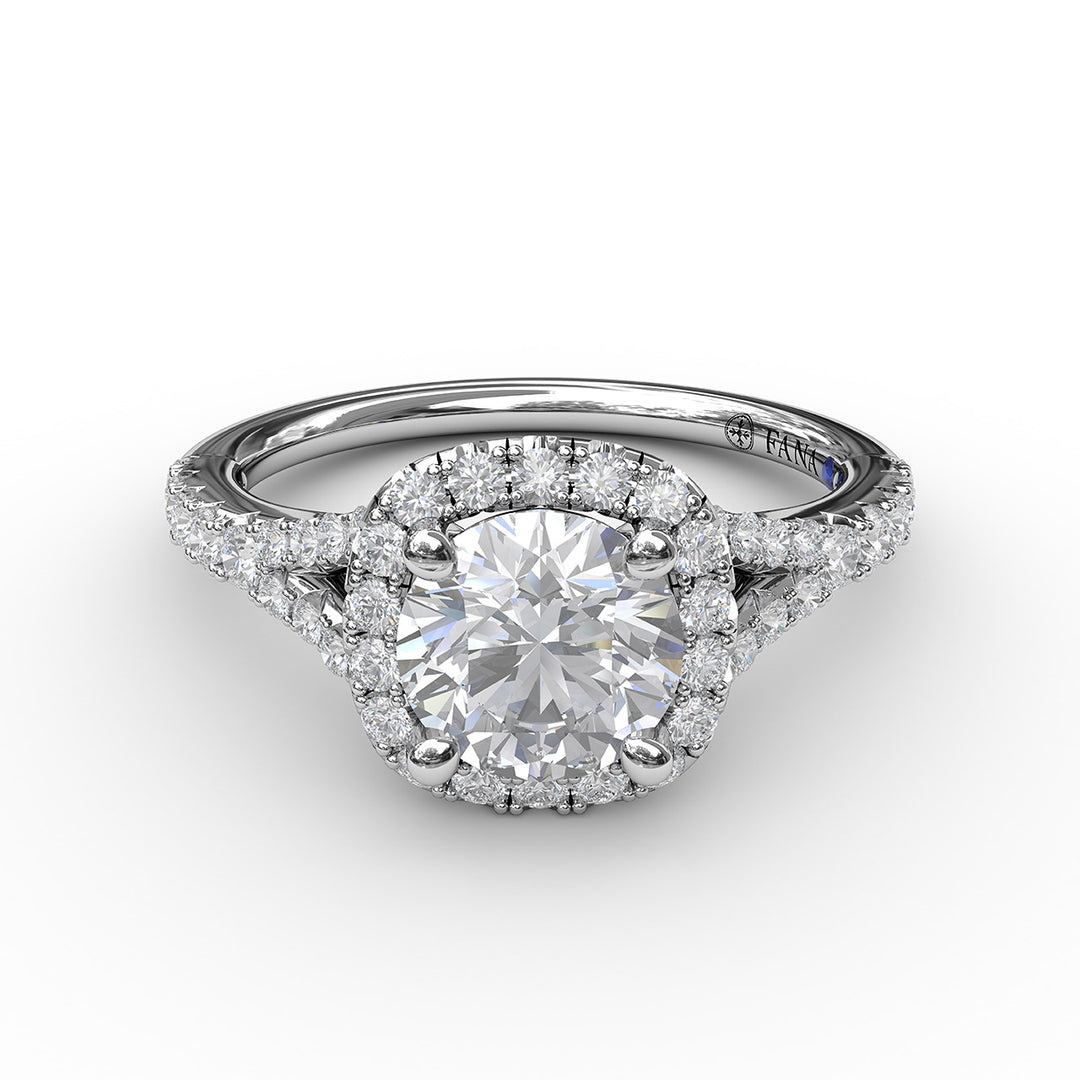 Classic Diamond Halo Engagement Ring with a Subtle Split Band