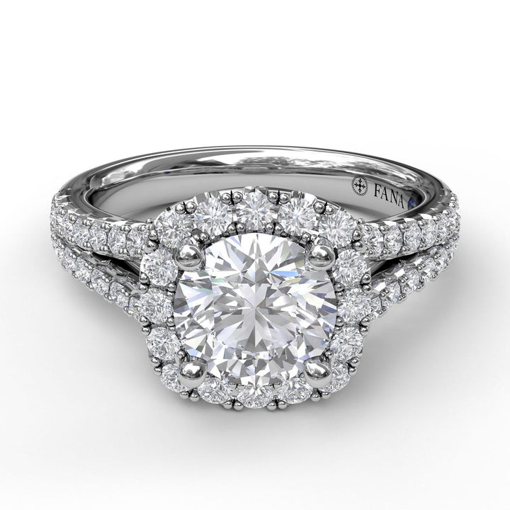 Cushion Halo Engagement Ring with a Diamond Encrusted Split Band