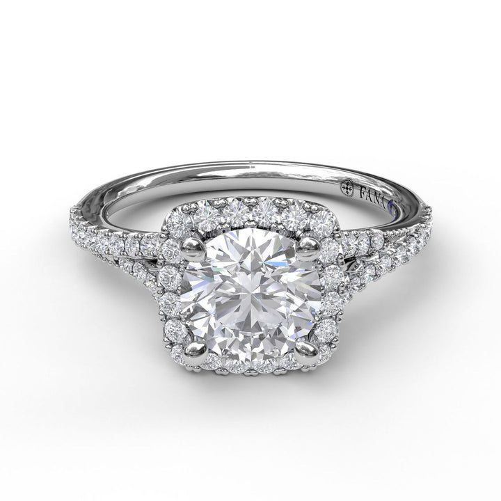 Classic Halo Engagement Ring with a Split Band