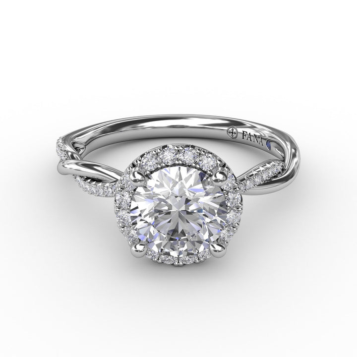 Contemporary Round Diamond Halo Engagement Ring with Twist Band