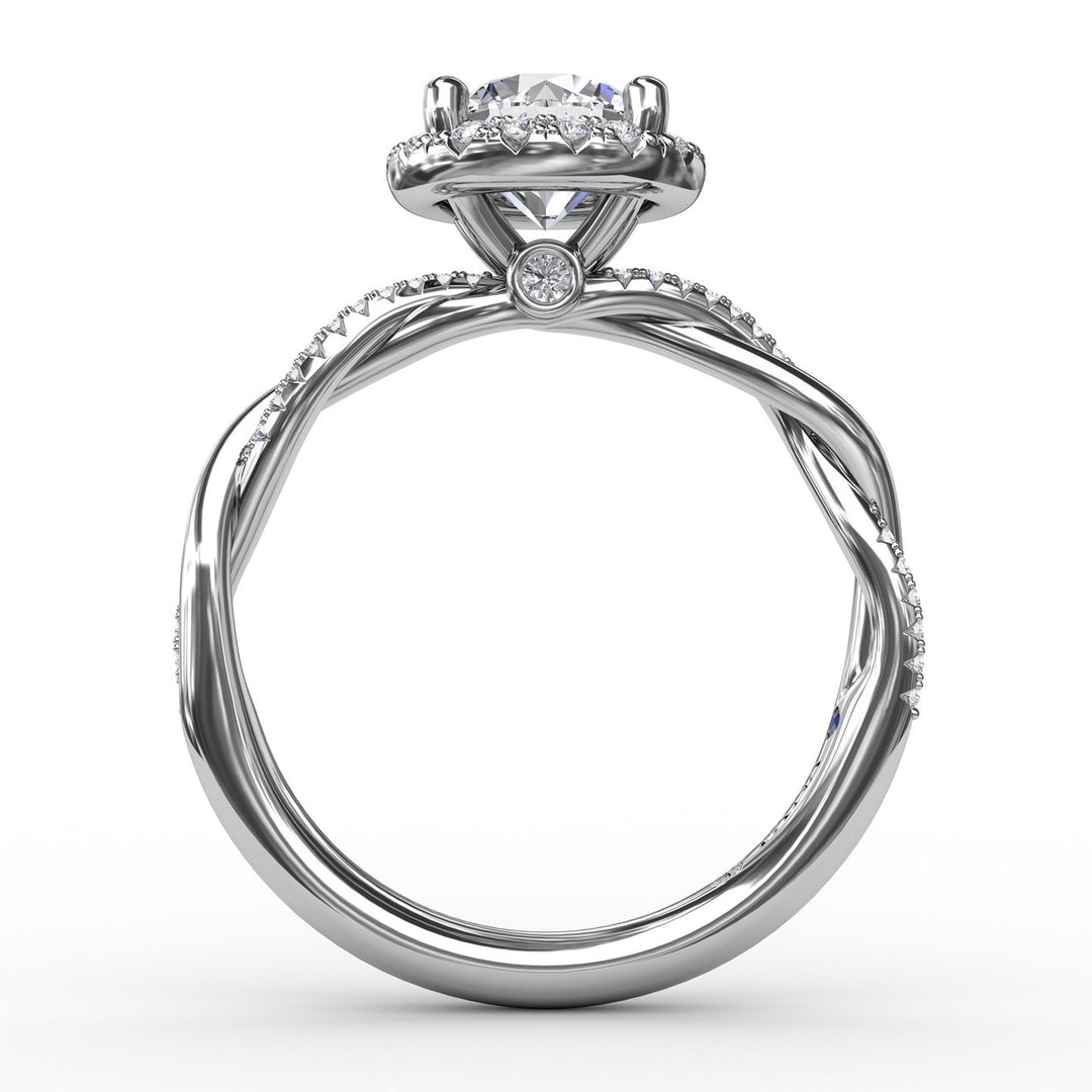 Contemporary Round Diamond Halo Engagement Ring with Twist Band