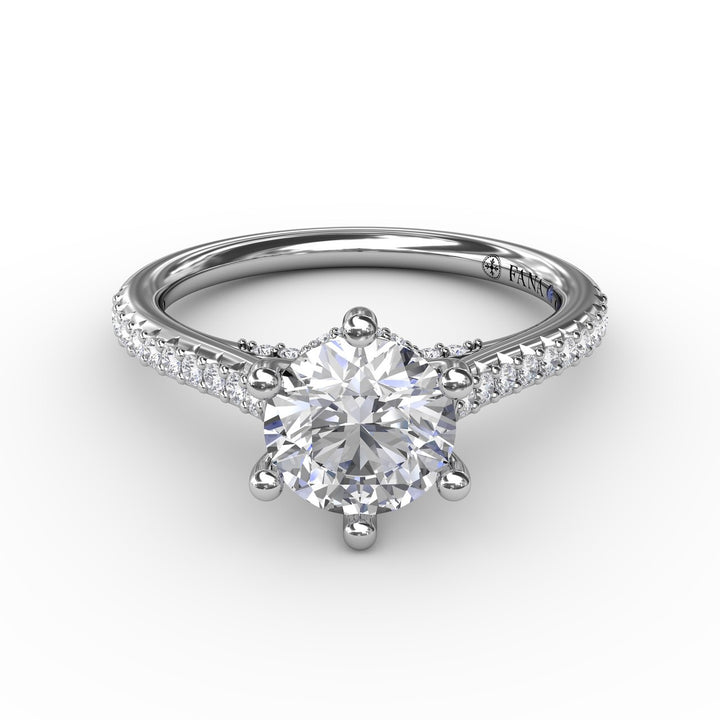 Six - Prong Round Diamond Engagement Ring with 1/2 Diamond Band