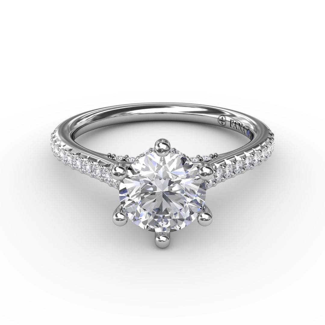 Six - Prong Round Diamond Engagement Ring with 1/2 Diamond Band