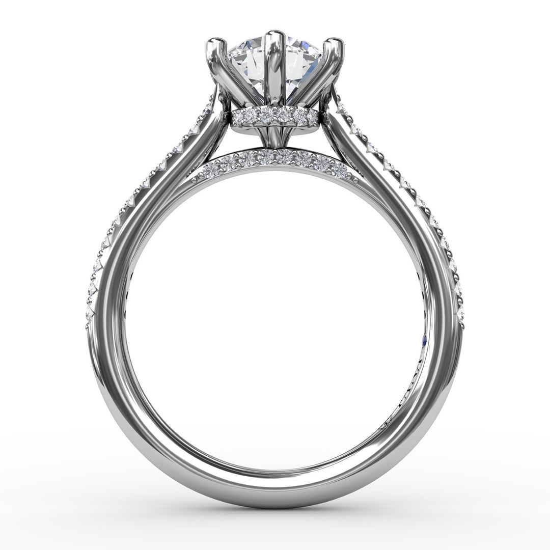 Six - Prong Round Diamond Engagement Ring with 1/2 Diamond Band