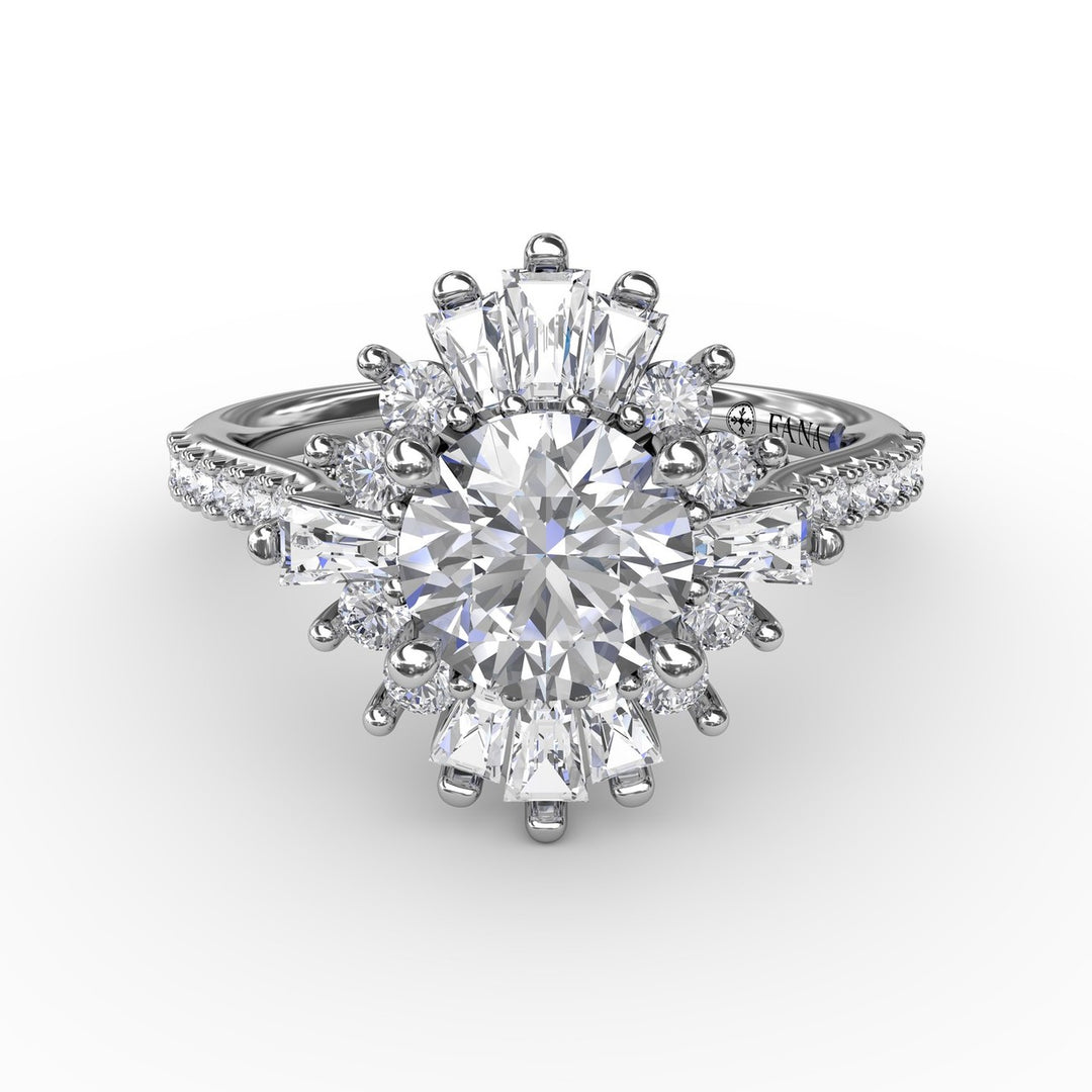 Mixed Shape Diamond Halo Ballerina Style Engagement Ring With Diamond Band