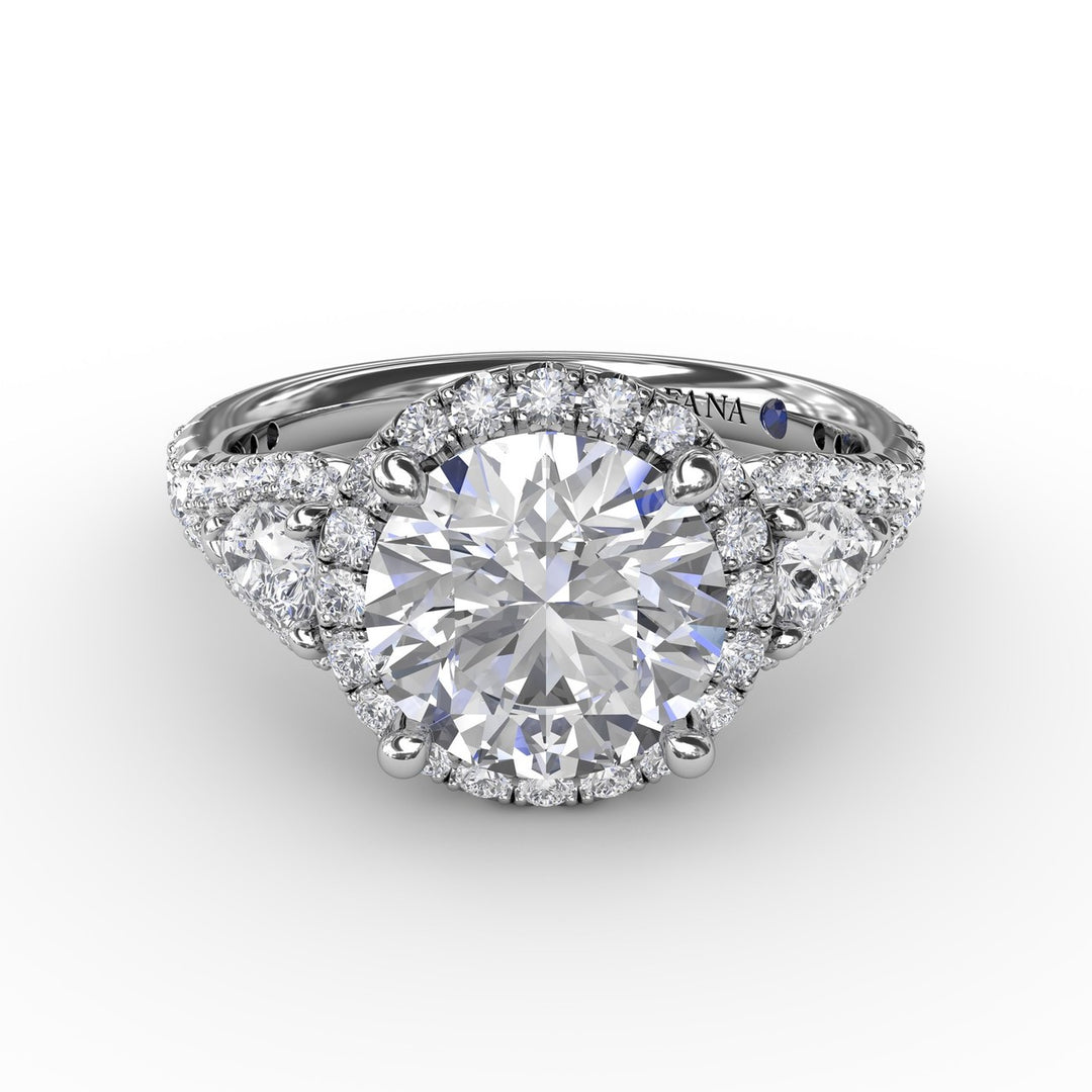 Three-Stone Round Diamond Halo Engagement Ring