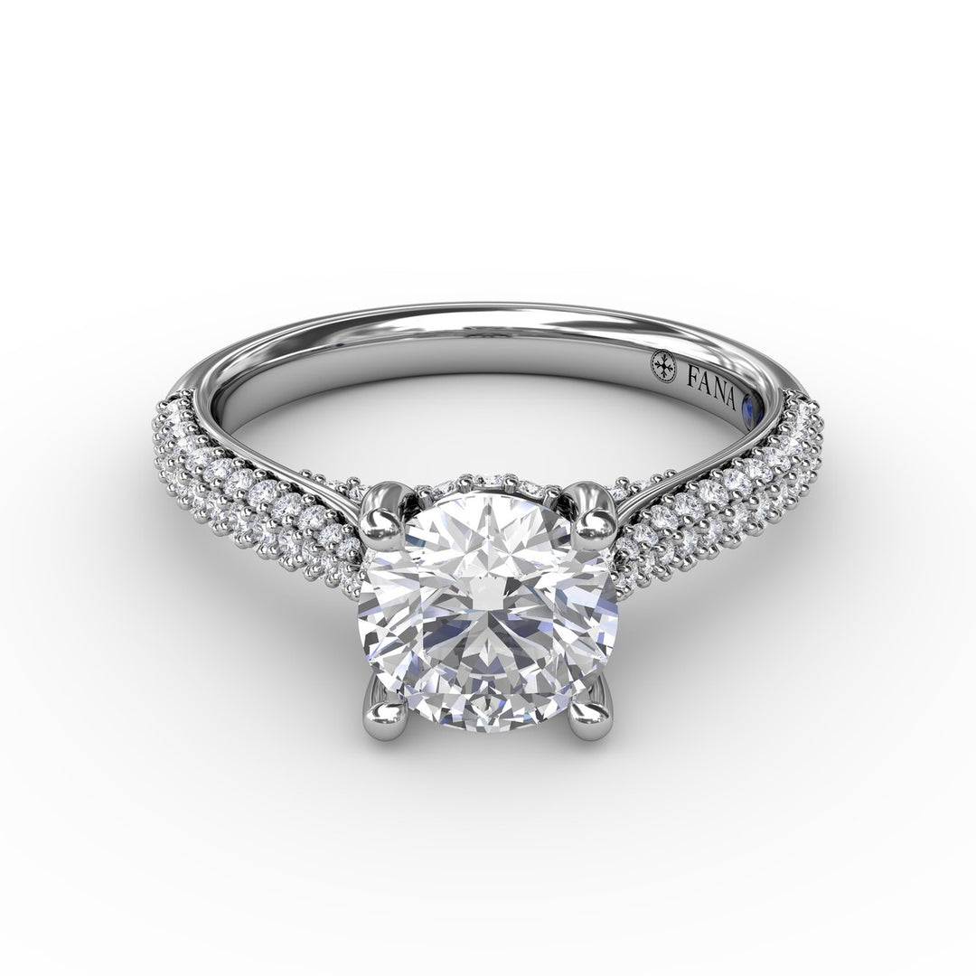 Classic Round Diamond Solitaire Engagement Ring With Double-Row Pavé Diamond Shank