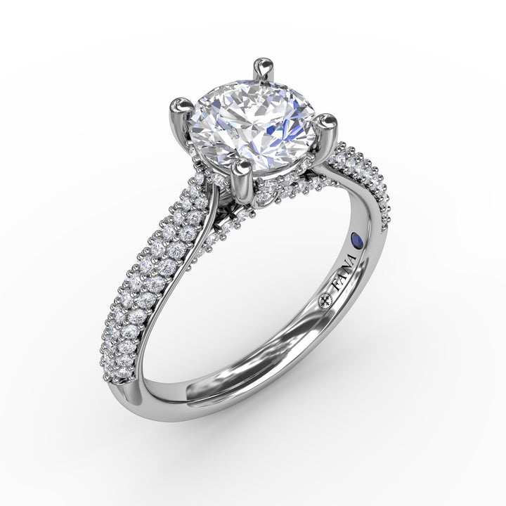 Classic Round Diamond Solitaire Engagement Ring With Double-Row Pavé Diamond Shank