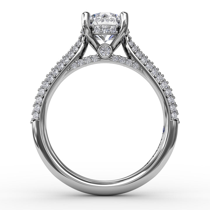 Classic Round Diamond Solitaire Engagement Ring With Double-Row Pavé Diamond Shank