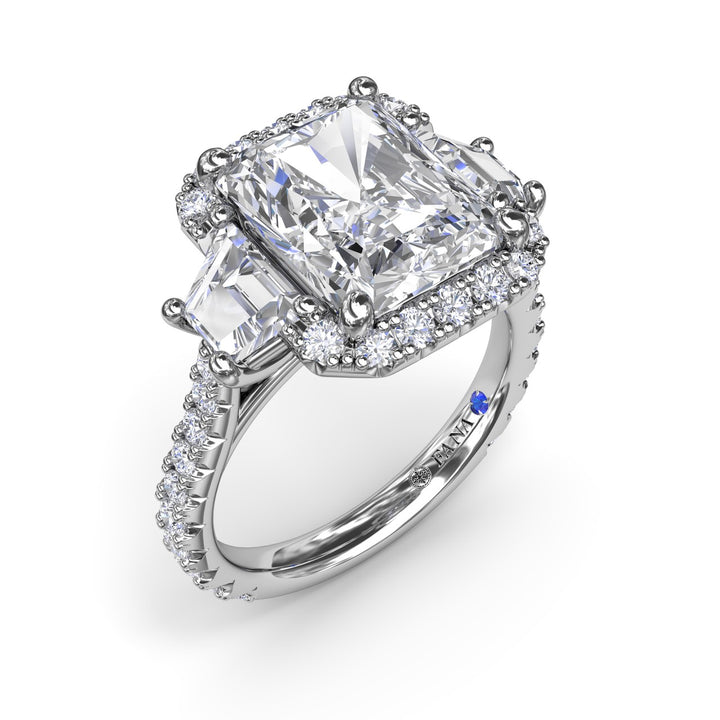 Three Stone Halo Diamond Engagement Ring