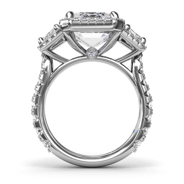 Three Stone Halo Trapezoid Engagement Ring