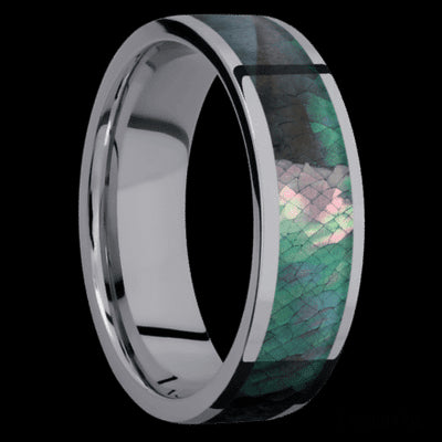 7 mm wide/Flat/Tantalum band with one 5 mm Centered inlay of Black Mother of Pearl.