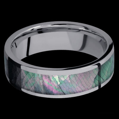 7 mm wide/Flat/Tantalum band with one 5 mm Centered inlay of Black Mother of Pearl.