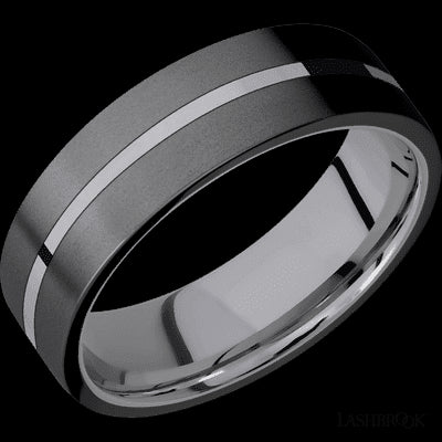 7 mm wide/Flat/Tantalum band with two 3 mm Double Off Center Edge inlays of Zirconium.