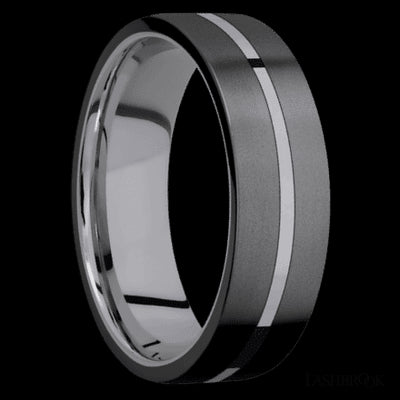 7 mm wide/Flat/Tantalum band with two 3 mm Double Off Center Edge inlays of Zirconium.