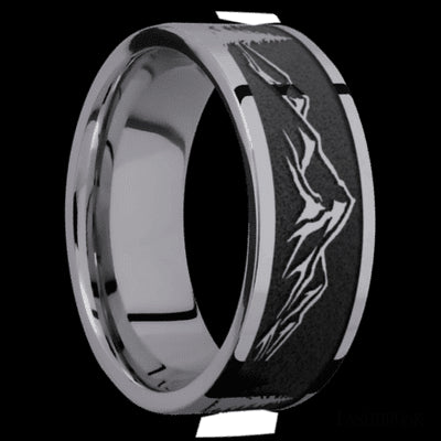 8 mm wide/Flat/Tantalum band with a laser carved Mountain 2 pattern.